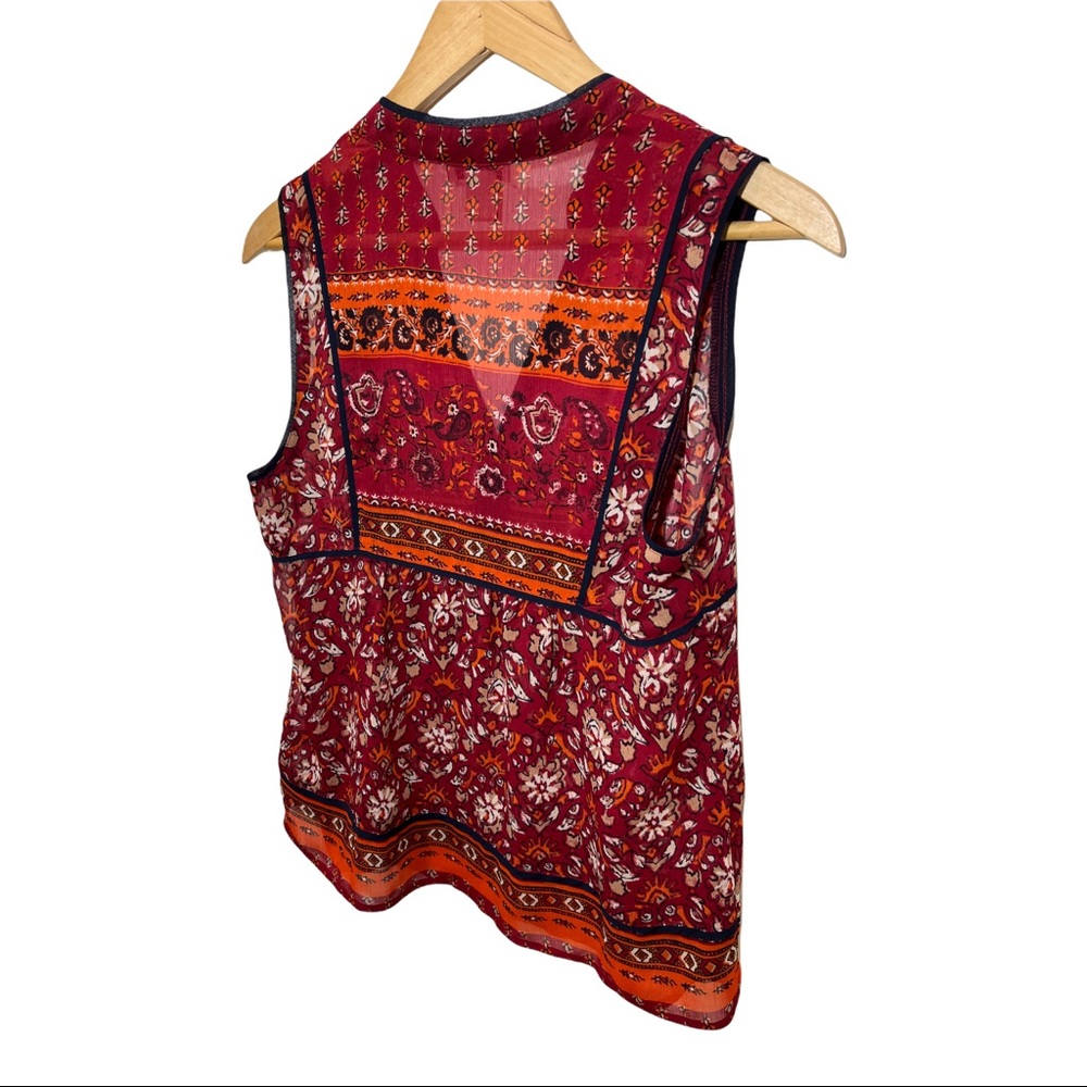 LUCKY BRAND BOHO FLORAL V-NECK RED ORANGE SLEEVELESS SHEER BLOUSE SIZE SMALL - Picture 8 of 16
